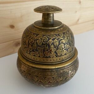 Vintage Elephant Claw Temple Bell & Stand Brass Floral Shamrock Boho Spiritual